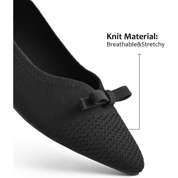 Black Suede Flats Bow Knit Round Toe Comfortable Ballet Flats for Office Work - Picture 2 of 10